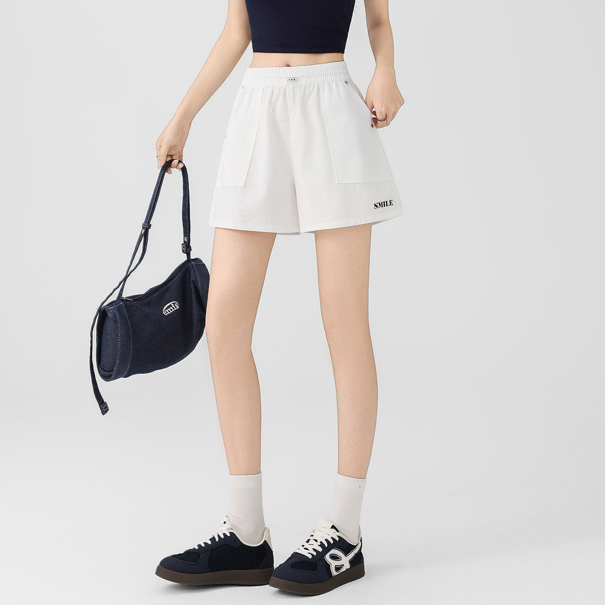 one more全棉工装短裤松紧腰高腰短裤2025女工装裤宽松短