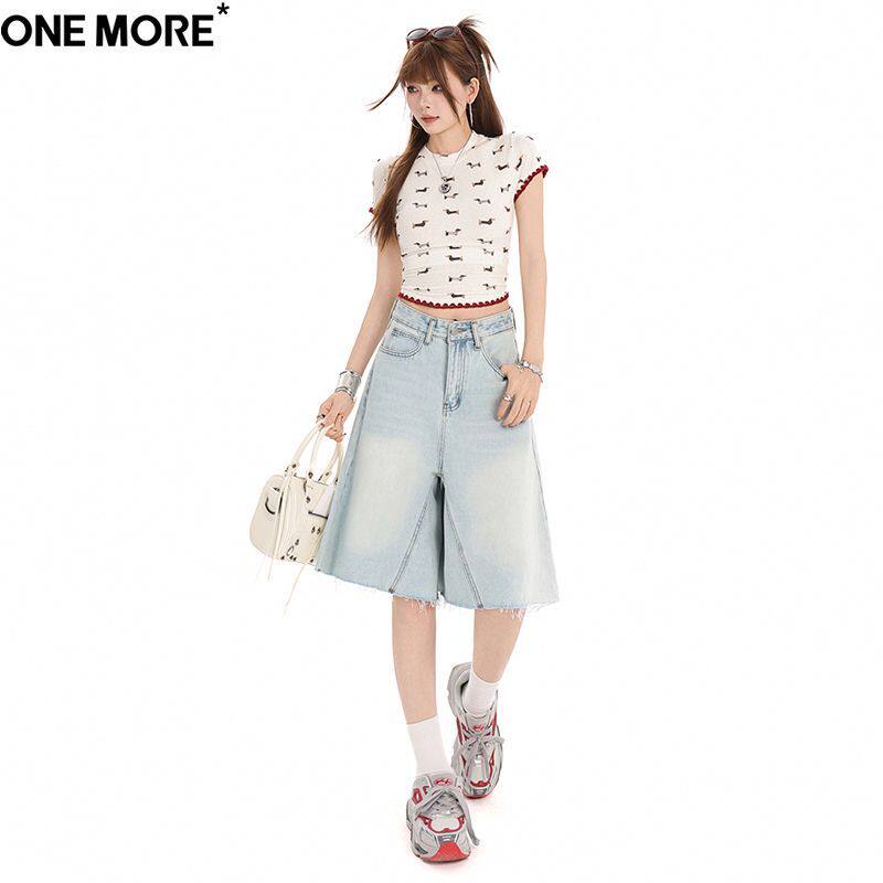 One More韩系甜美直筒牛仔短裤女夏季毛边设计感高腰阔腿五分