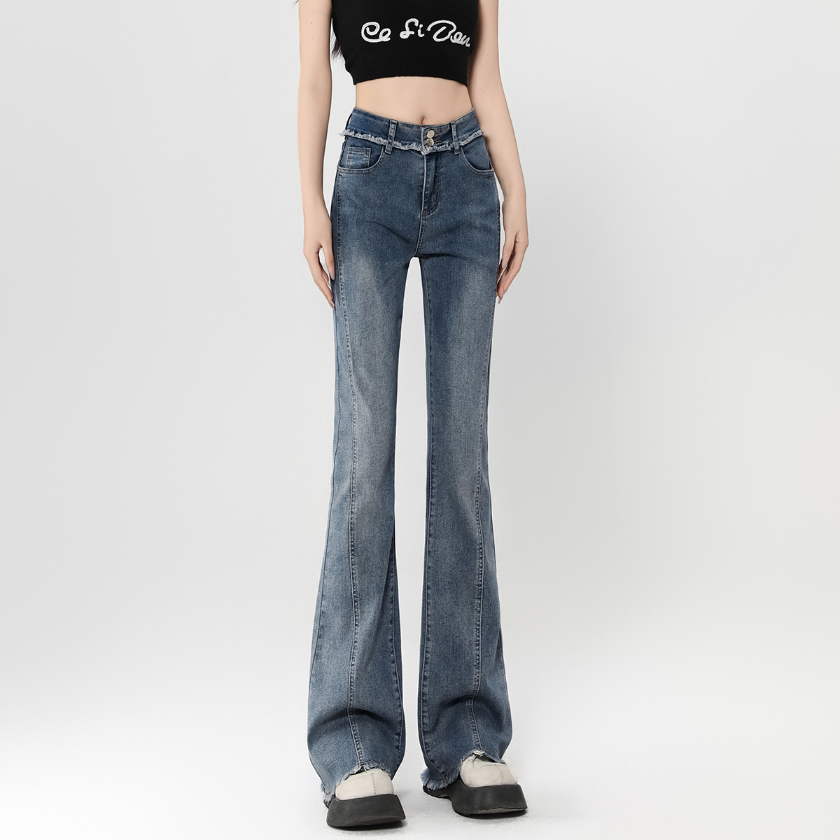 onemore喇叭裤长裤毛边高腰