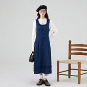 灯芯绒克莱因蓝连衣裙女2025冬季 one more法式 气质显瘦背带裙长裙