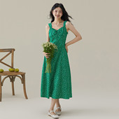 新款 one more绿色碎花吊带连衣裙雪纺裙女2025夏季 收腰裙子高级感
