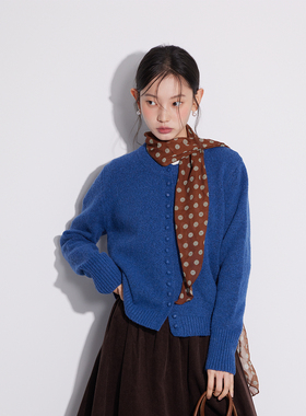 one more长袖圆领针织衫女士2025春秋克莱因蓝开衫高级感气质上衣