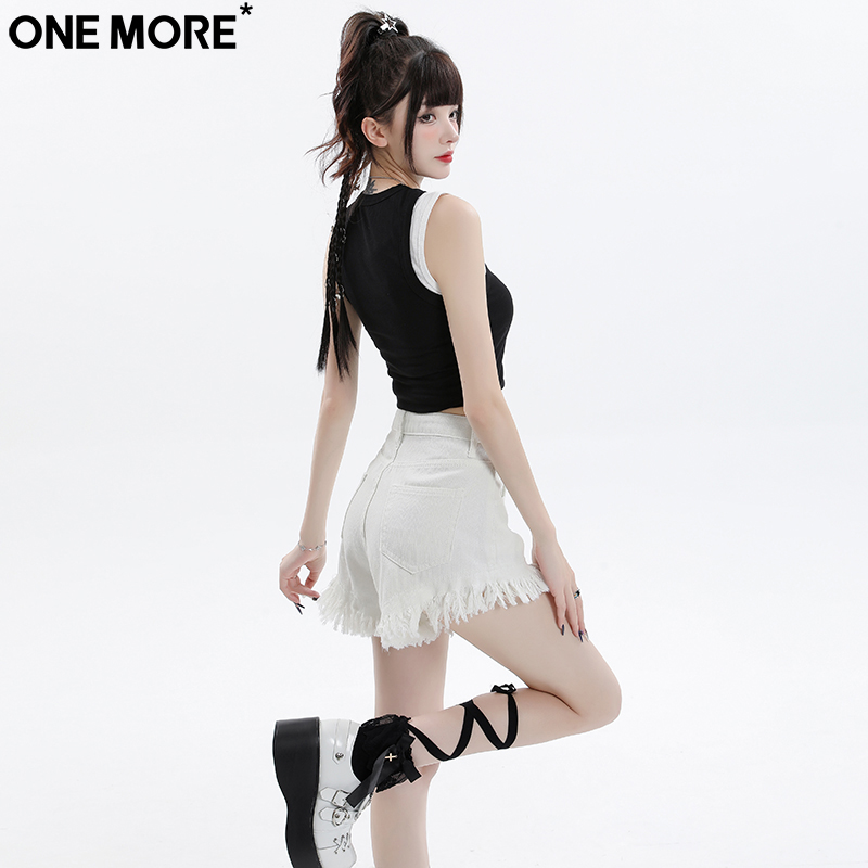 One More美式流苏白色牛仔短裤女夏季高腰显瘦百搭短款a字热裤子