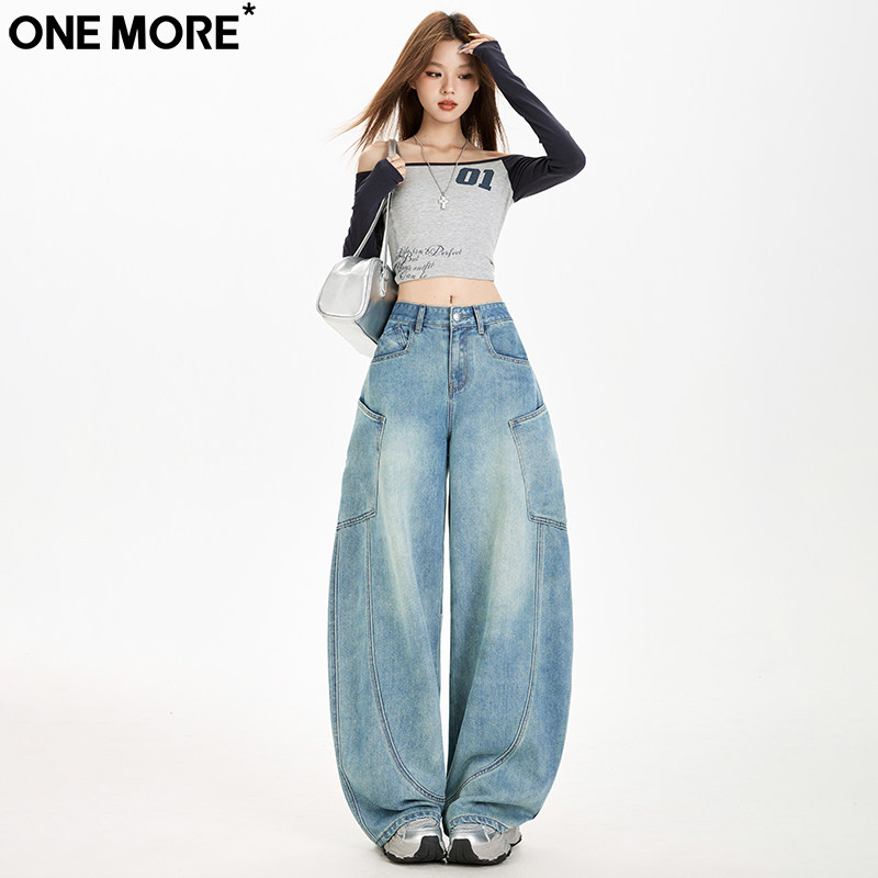 One More欧美百搭工装弯刀牛仔裤女秋冬季新款宽松阔腿直筒镰