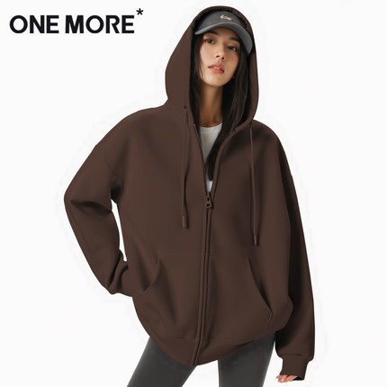 one more空气棉外套女款2025新款秋冬棕色拉链开衫连帽加绒卫衣X