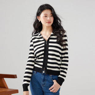 【2025夏秋】长袖黑白条纹连帽针织衫显瘦外搭开衫女时尚上衣
