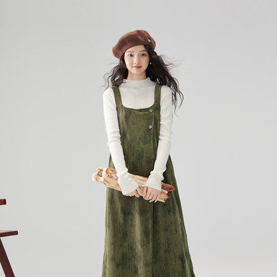 复古印花背带裙女高级感灯芯绒