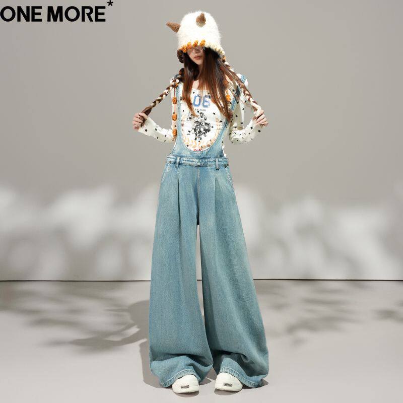 One More美式减龄背带牛仔裤女春季新款直筒宽松休闲拖地阔腿