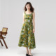 法式 one more薄荷曼波风油画碎花连衣裙2025夏季 度假方领显瘦长裙