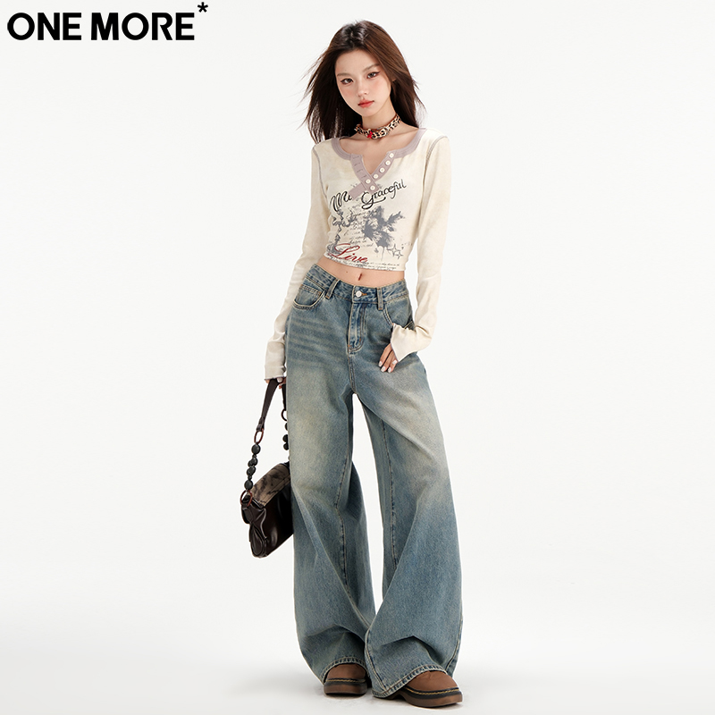 One More高街百搭复古阔腿牛仔裤女秋季新款高腰宽松遮肉直筒裤女