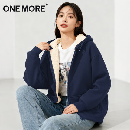 one more加绒卫衣女2025新款冬季藏青色保暖上衣羊羔绒加厚外套Y
