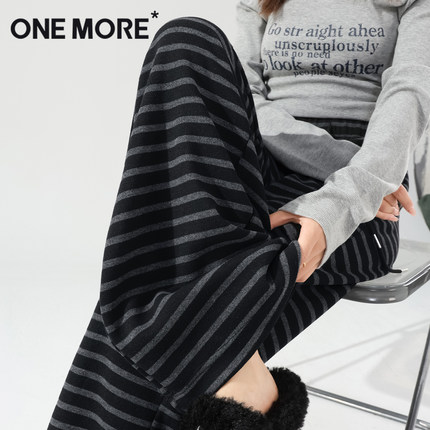 one more条纹阔腿裤子女糯米裤黑色针织裤秋冬季慵懒直筒休闲裤Y