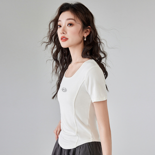one more新款 正肩圆领宽松夏季 感小众上衣女夏显瘦设计辣妹短袖