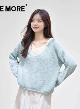 one more蓝色针织衫女2025新款冬季慵懒风V领假两件百搭软糯毛衣