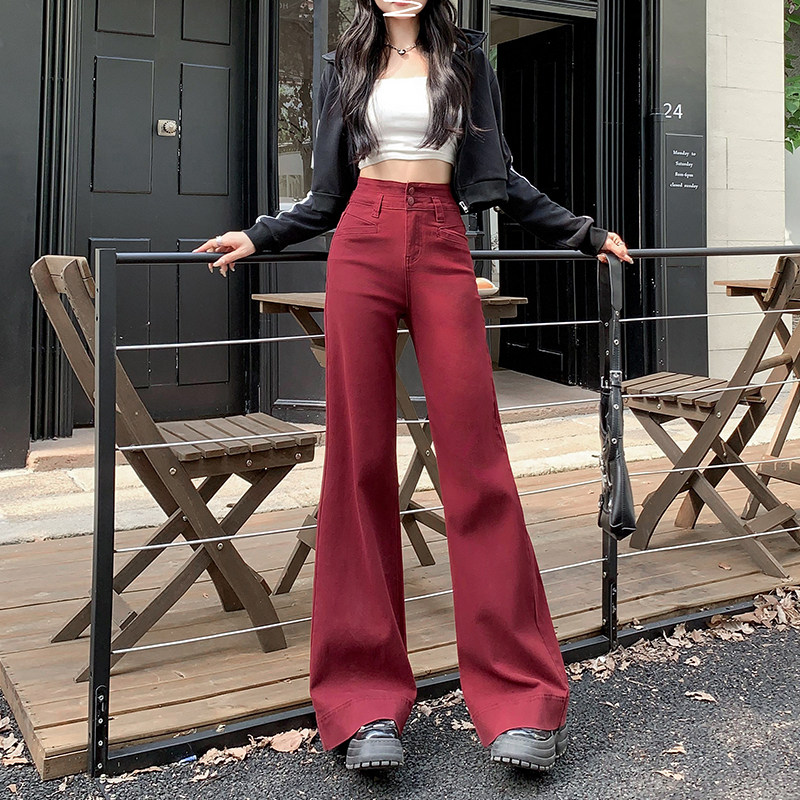 one more复古高腰港风微喇牛仔裤女微弹显瘦垂感拖地长裤