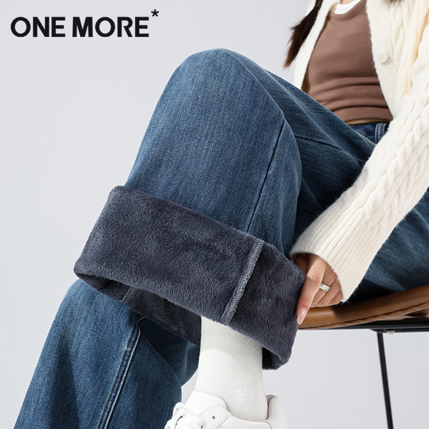 onemore加绒直筒牛仔裤