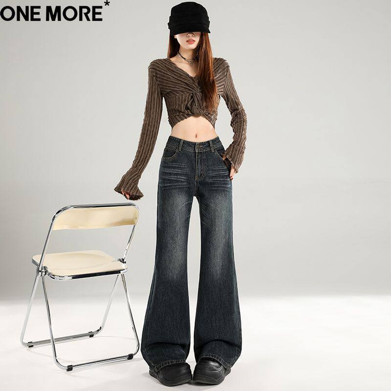One More辣妹复古低腰微喇牛仔裤女春季新款宽松阔腿不贴腿喇