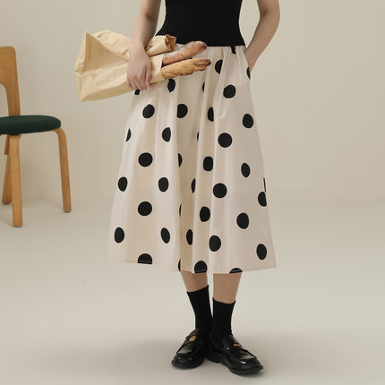 one more法式波点百褶裙a字半身裙高级感裙子女伞裙2025夏季半裙