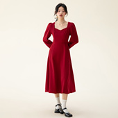 one 连衣裙雪纺裙显瘦礼服敬酒服高级感 方领长袖 more2025冬季 法式