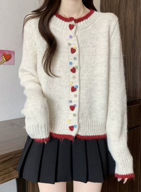 one more韩系彩虹扣灰色针织开衫女2025短款毛衣外套慵懒风上衣