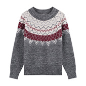 one more秋冬圆领复古提花针织衫 女外穿含绵羊毛上衣费尔岛毛衣