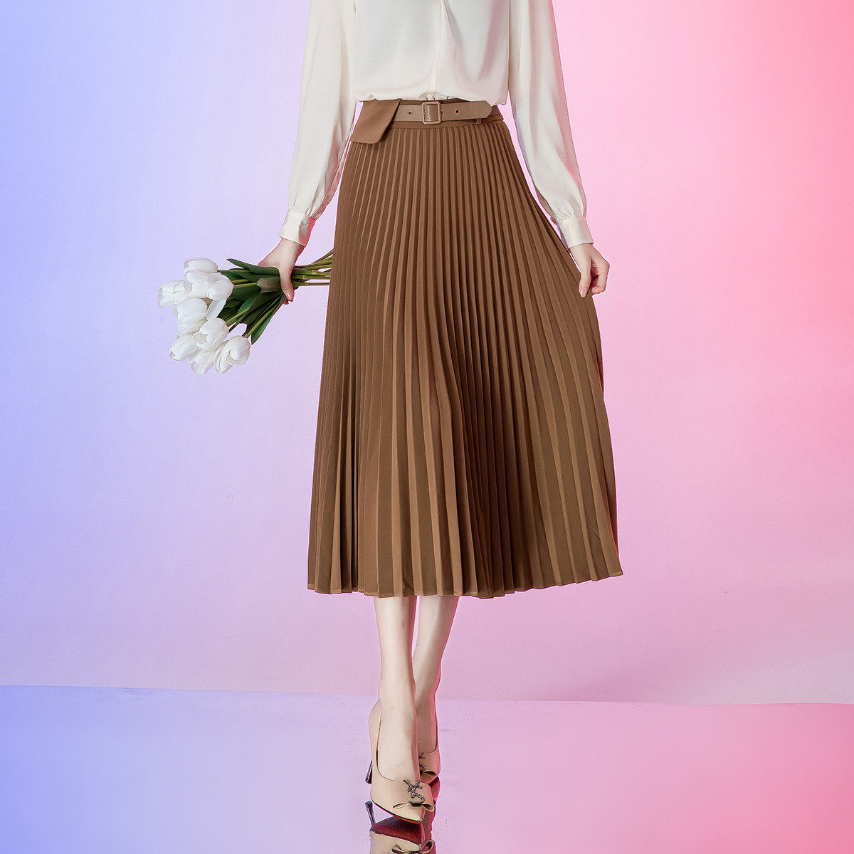 one more百褶半身裙女2025新款高腰显瘦中长裙垂感气质百