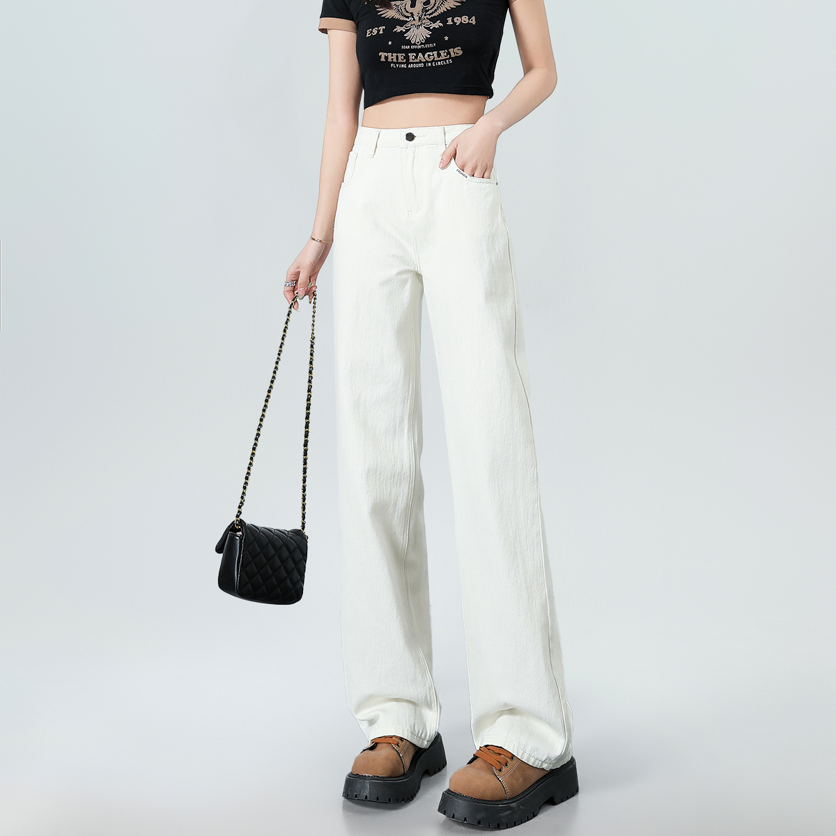 简约高腰onemore牛仔长裤