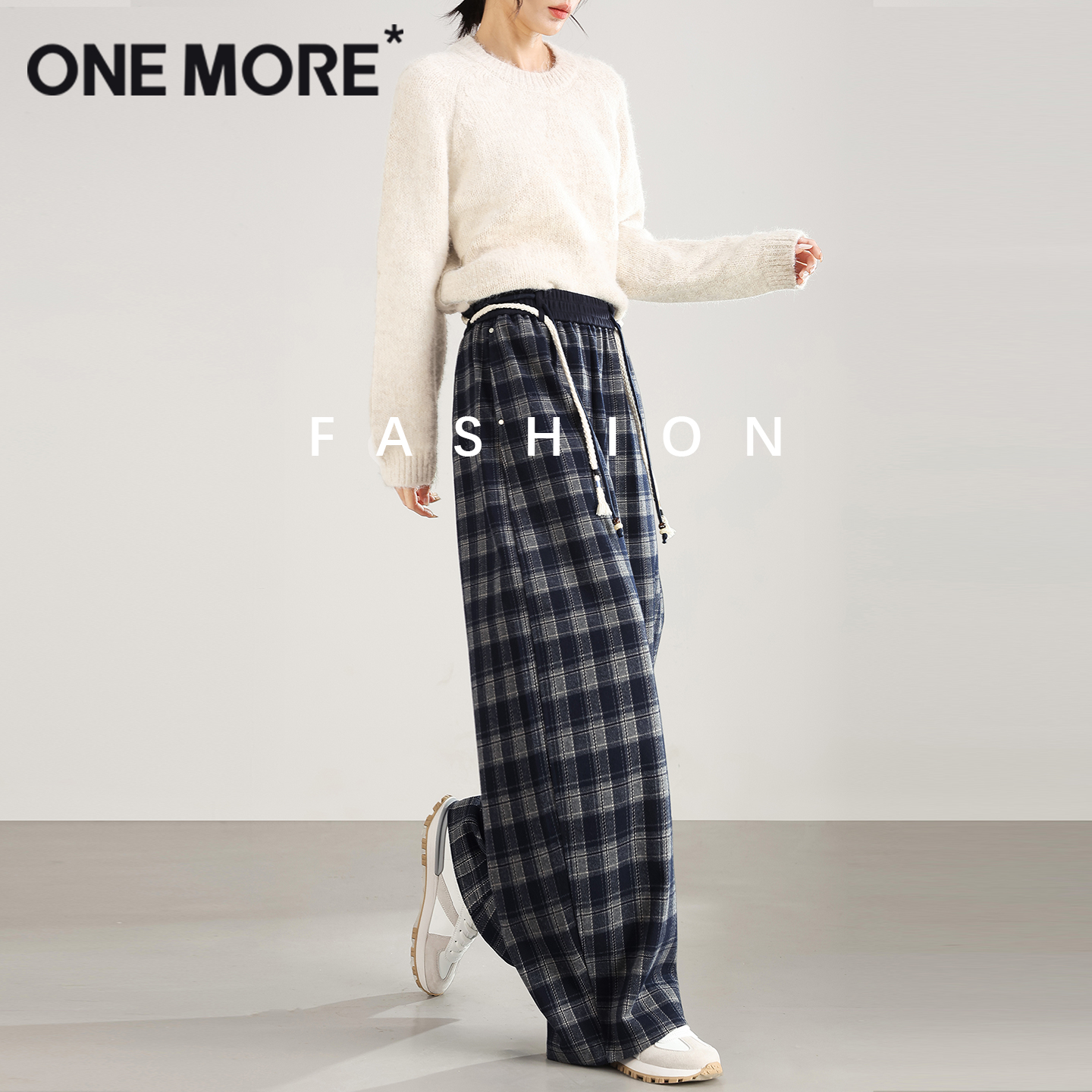 onemore格纹装饰带弯刀裤