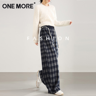 子宽松bf慵懒风阔腿藏青休闲裤 one 弯刀裤 女2025新款 more格子裤