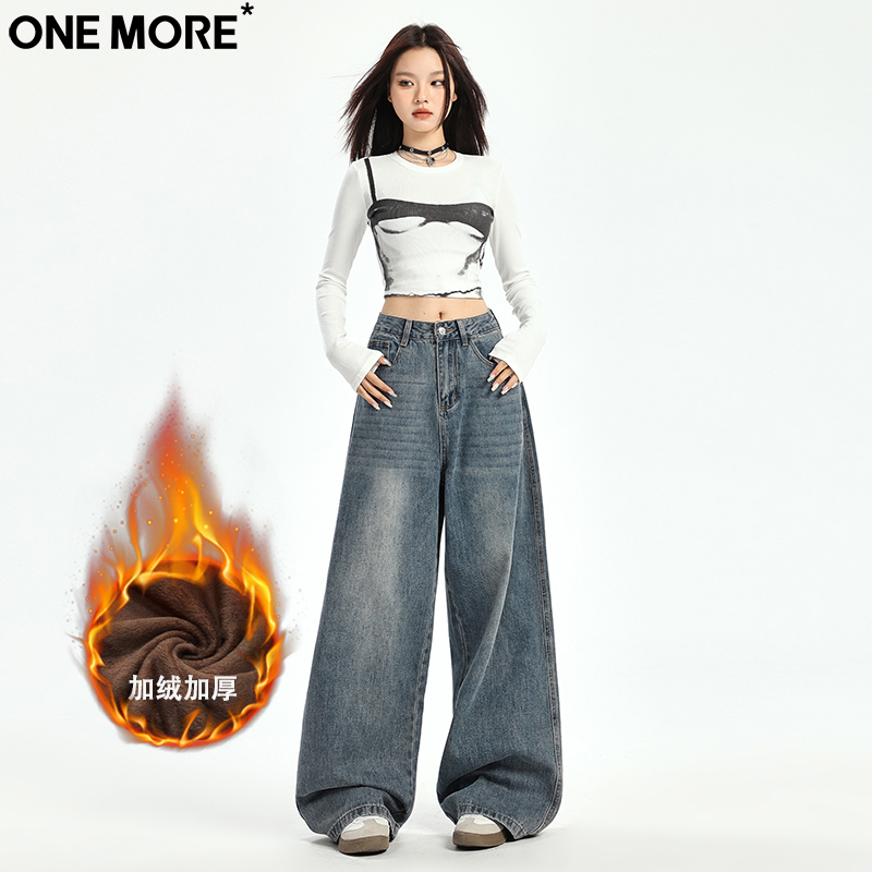 高街复古保暖加绒牛仔裤女