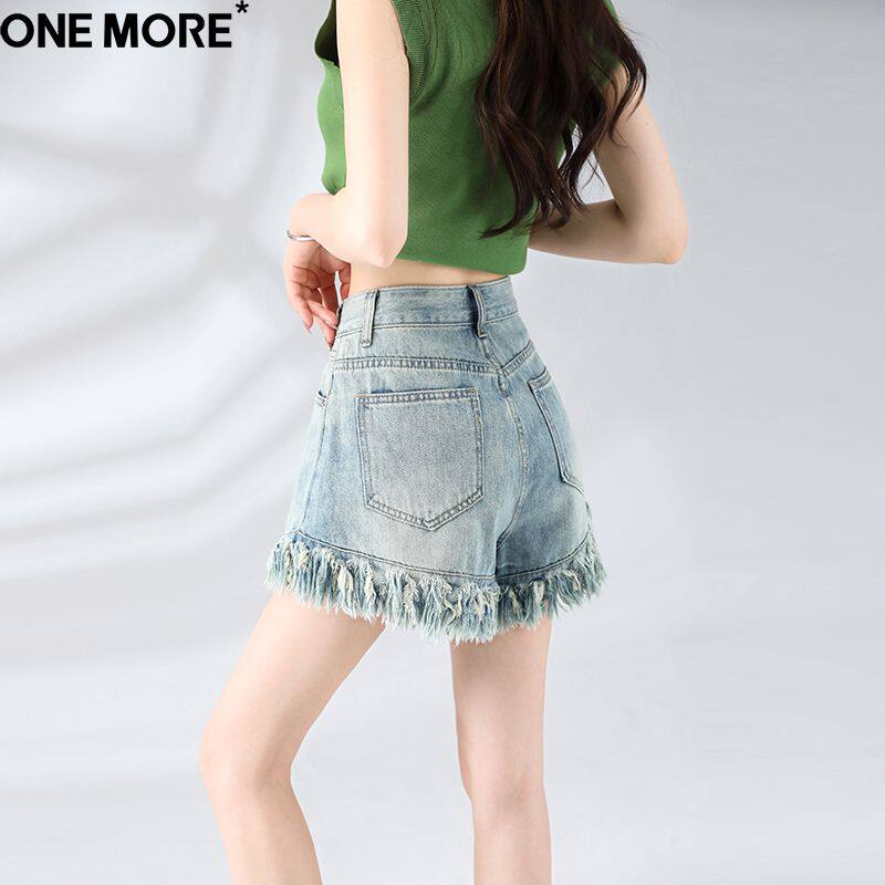 One More美式高腰阔腿牛仔短裤女夏季新款辣妹不规则显瘦a字