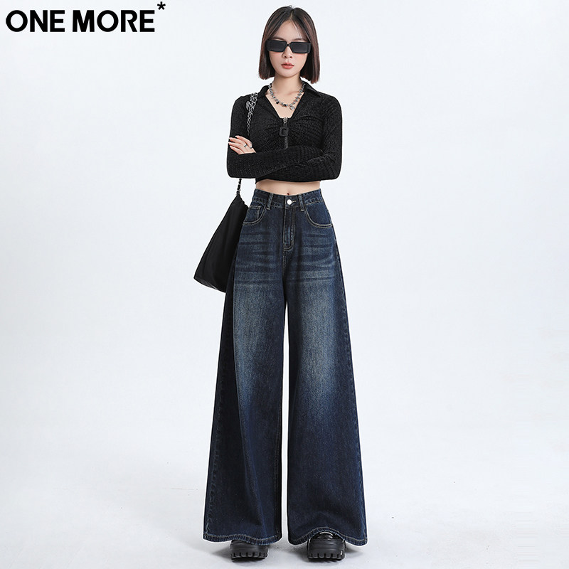 One More港风高腰阔腿牛仔裤女秋季新款宽松直筒显瘦垂感拖地