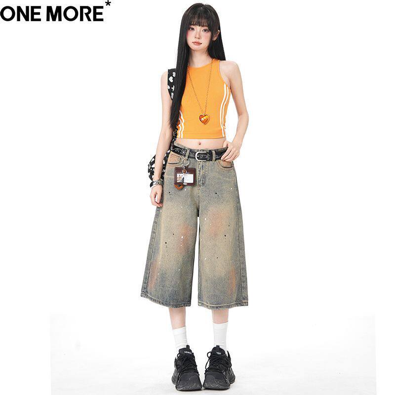 One More美式做旧泼墨七分牛仔短裤女夏季新款宽松阔腿显瘦直