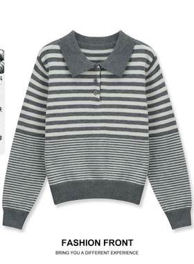 one more韩系条纹POLO领针织衫女2025秋季慵懒风宽松显瘦长袖毛衣