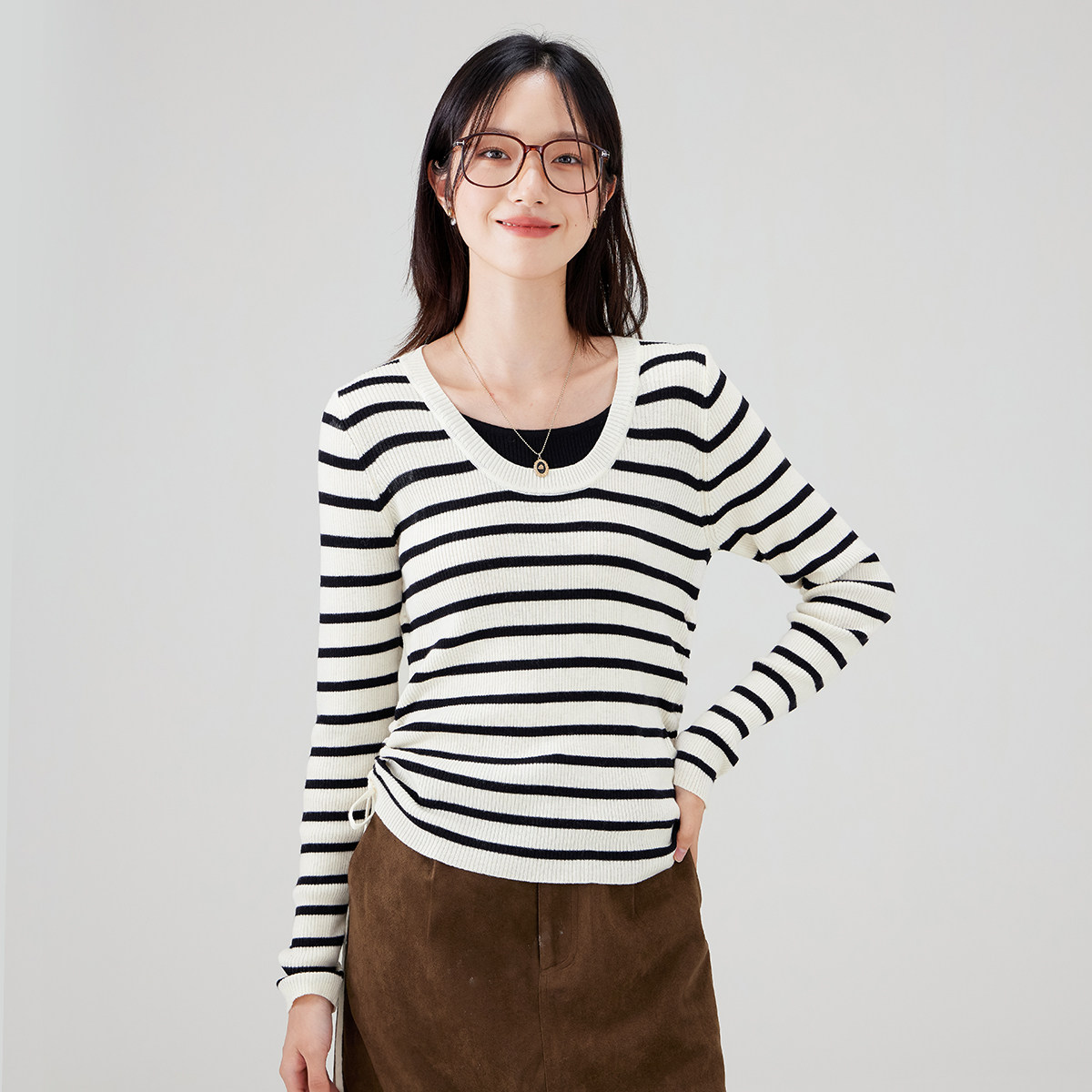 one more2025秋冬长袖法式条纹针织衫抽绳上衣高级感含绵羊毛t恤,女装/女士精品,毛针织衫,淘宝优惠券,粉丝福利购,淘宝优惠卷