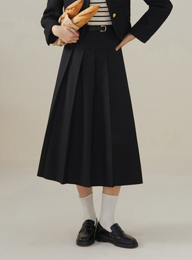 one more文墨2025秋季新款气质百褶半身裙女高腰a字半裙显瘦裙子
