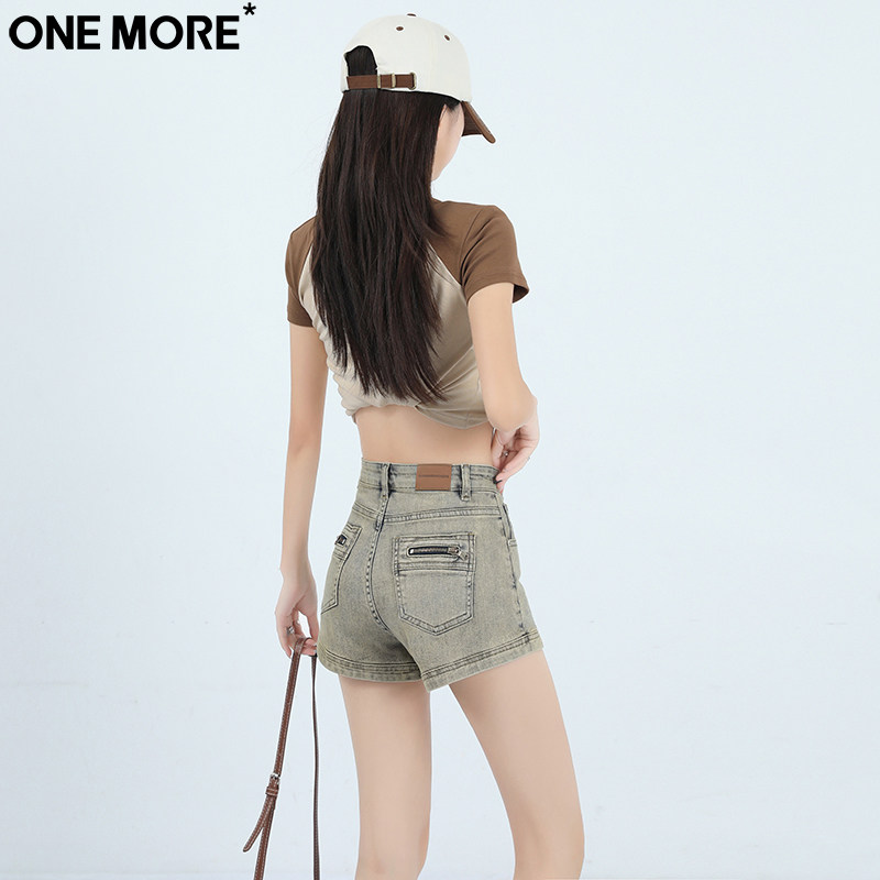 One More美式纯欲风高腰牛仔短裤女夏季新款弹力修身显瘦提臀