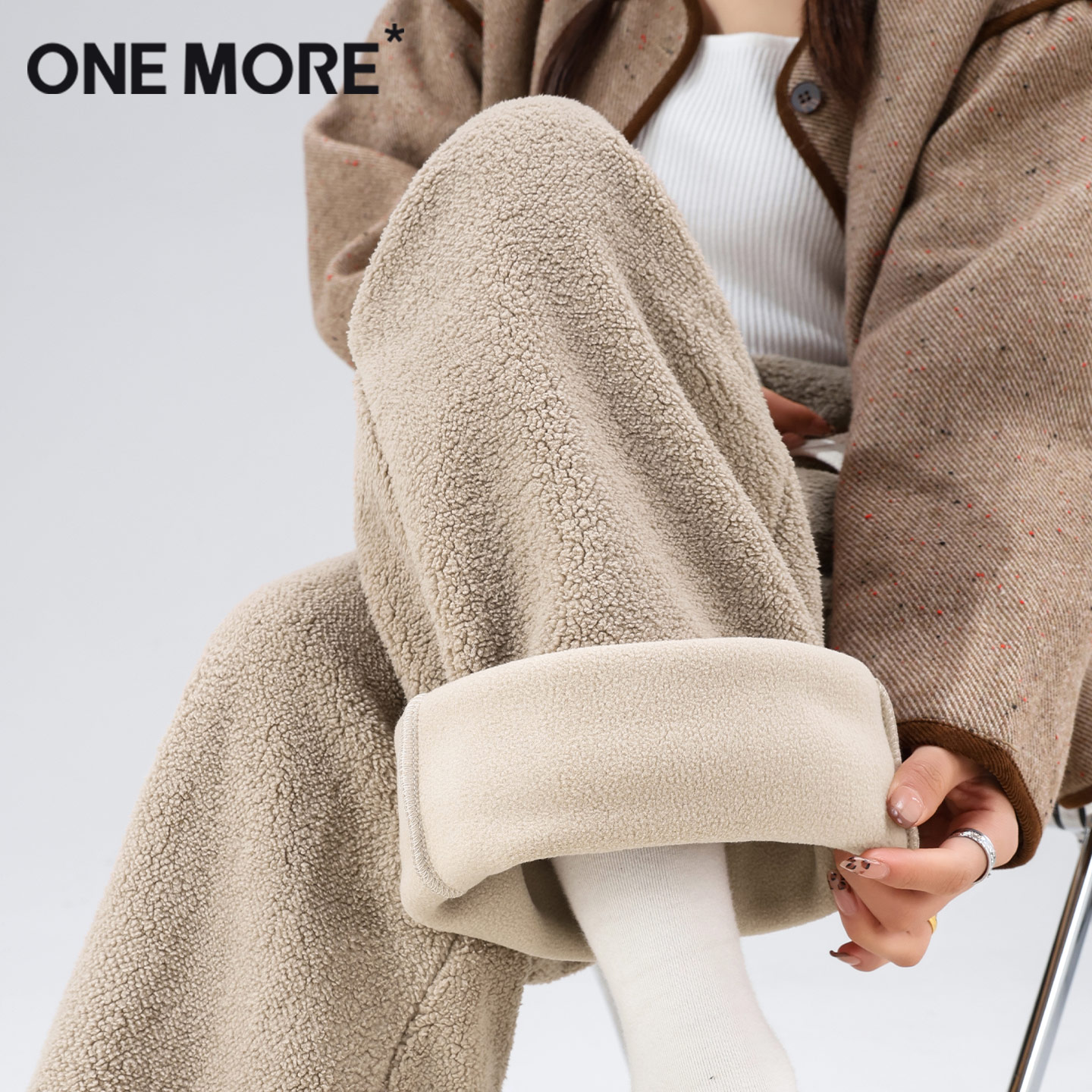 onemore加绒摇粒绒阔腿裤