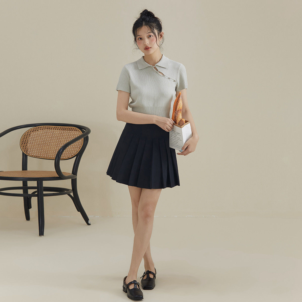 one more韩系黑色百褶裙女2025新款夏季高腰显瘦百搭休闲