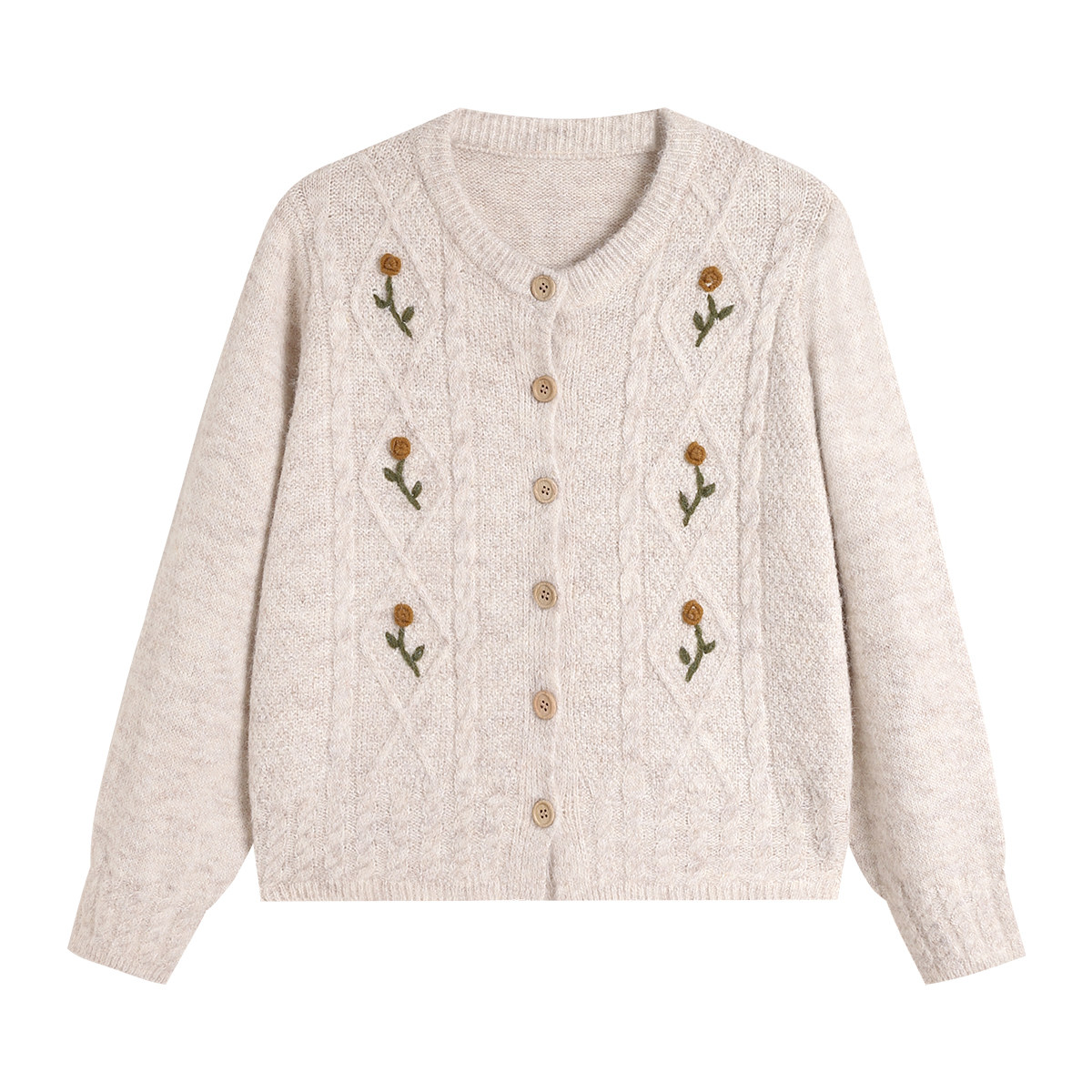复古花朵提花圆领针织上衣女2025春秋高级感减龄麻花毛衣开衫
