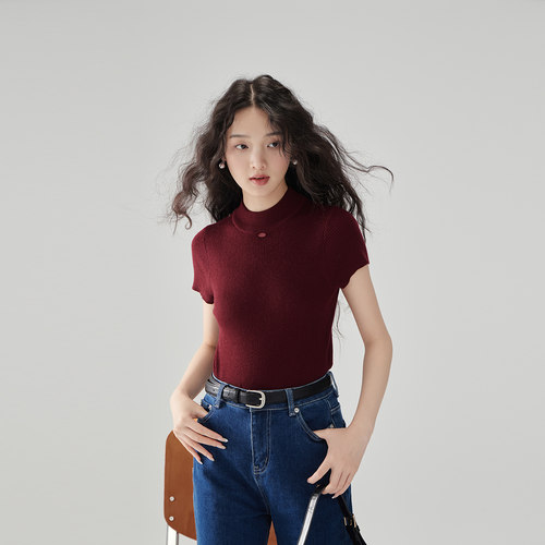 半高领短袖针织衫t恤女