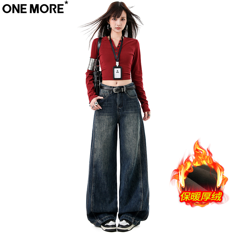 One More高街复古保暖加绒牛仔裤女冬季宽松显瘦直筒拖地阔腿裤子