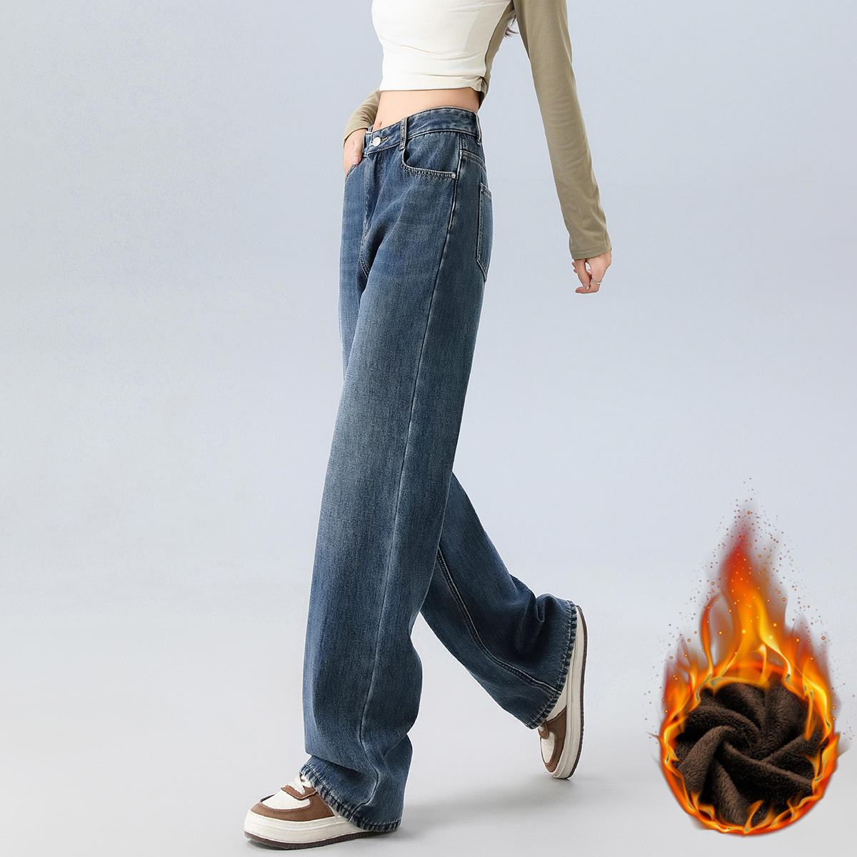 加绒保暖高腰onemore长裤复古风