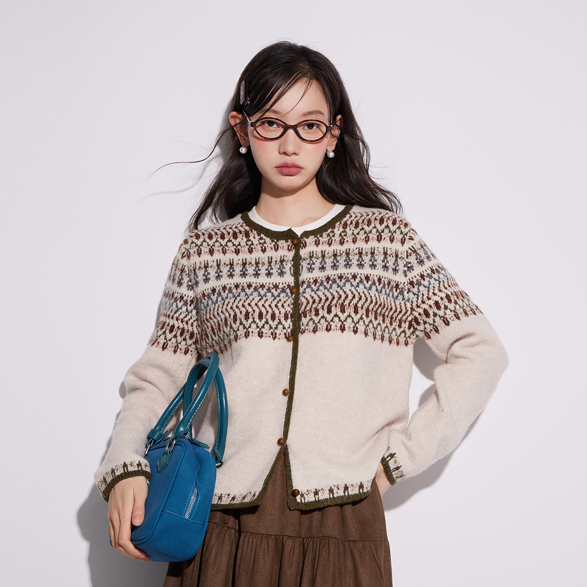 长袖圆领针织衫上衣女2025春秋民族风费尔岛毛衣外套气质开衫