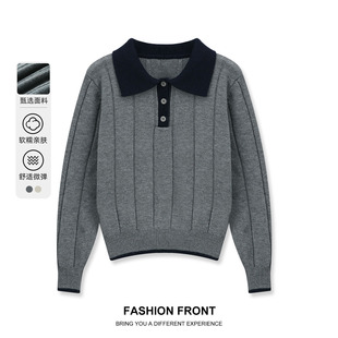 one more韩版撞色翻领坑条针织衫女冬百搭修身显瘦长袖毛衣打底衫