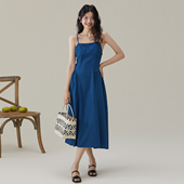 one more2025夏气质蓝色吊带连衣裙女高级感一字肩裙子修身 礼服裙