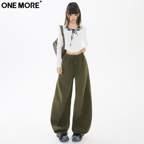 ONEMore街头绿色休闲阔腿裤