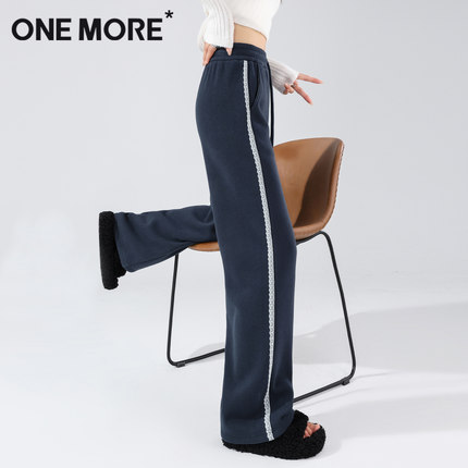 one more加绒阔腿裤女2025新款秋冬直筒休闲运动裤蕾丝花边裤子X