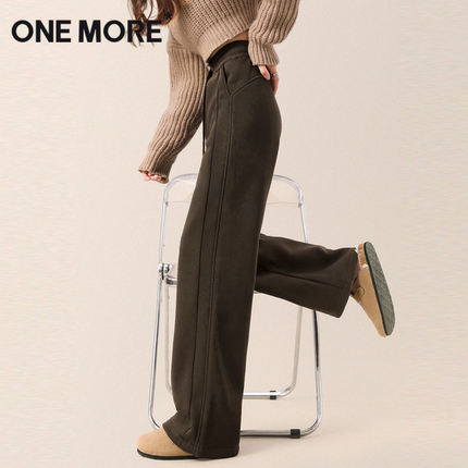 one more加绒裤子女冬季卫裤2025新款棕色阔腿裤加厚窄版直筒裤Y