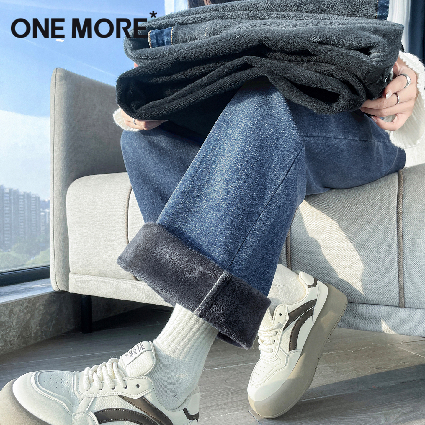 onemore加绒阔腿牛仔裤女